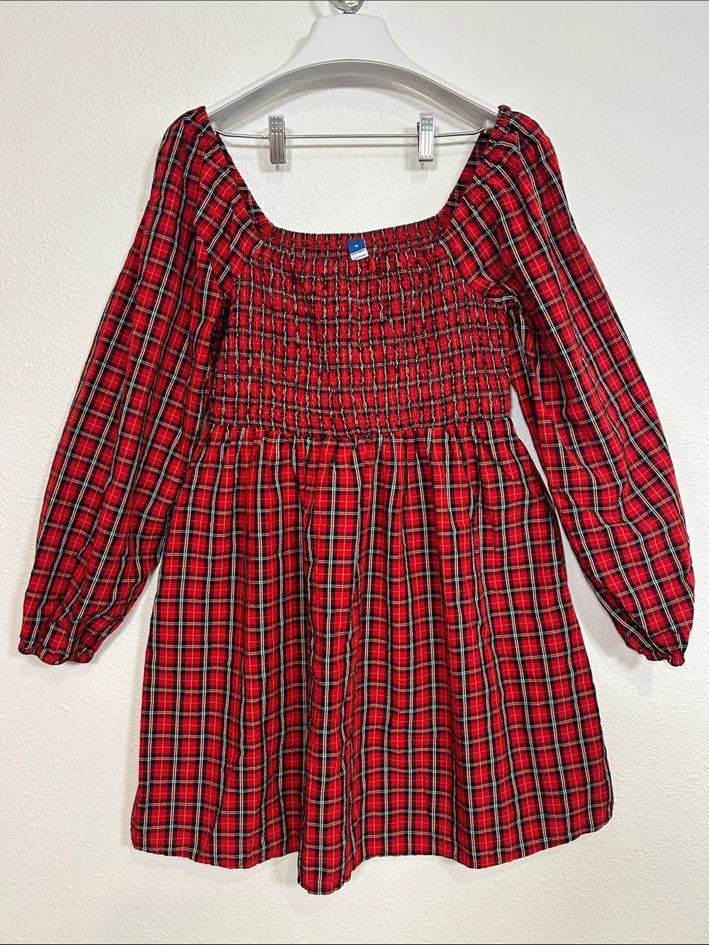 Old Navy Red Tartan Plaid Cottagecore 90s Revival Babydoll Dress LS Smocked Mini